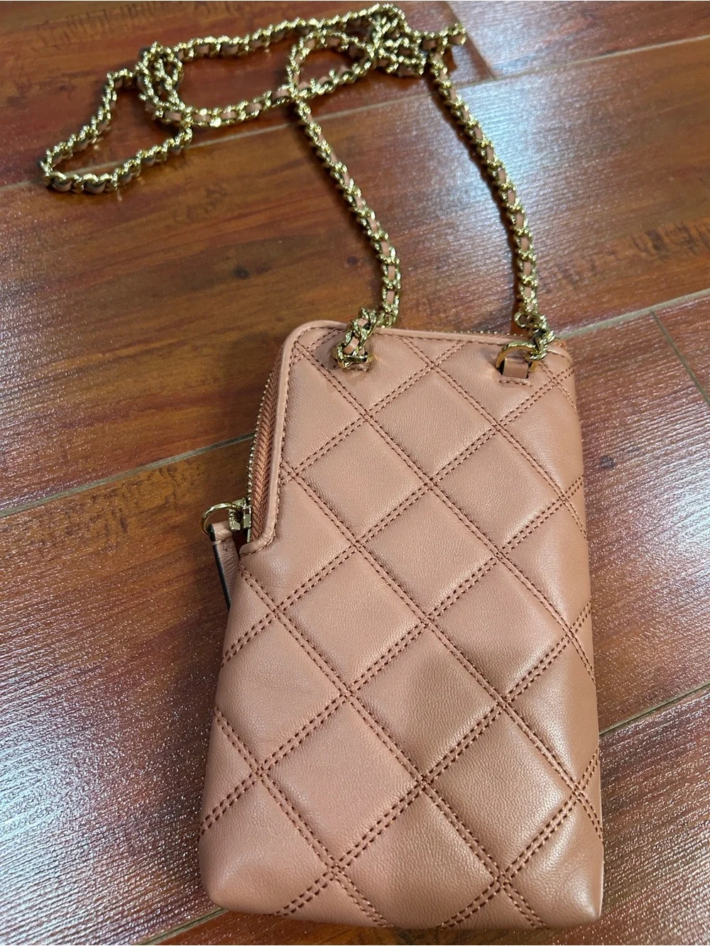 Tory Burch Quilted Crossbody Phone Bag in Dusty Peach with Gold Chain